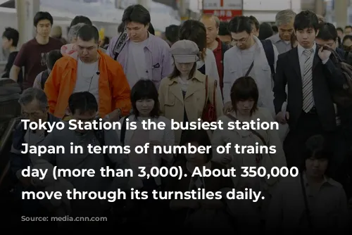 Tokyo Station is the busiest station in Japan in terms of number of trains per day (more than 3,000). About 350,000 passengers move through its turnstiles daily. 