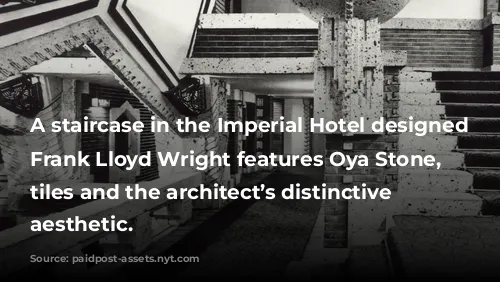 A staircase in the Imperial Hotel designed by Frank Lloyd Wright features Oya Stone, terracotta tiles and the architect’s distinctive geometric aesthetic.
