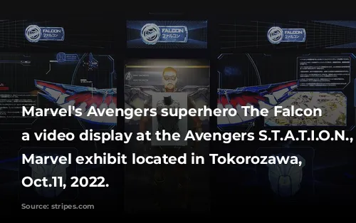 Marvel's Avengers superhero The Falcon in a video display at the Avengers S.T.A.T.I.O.N., a Marvel exhibit located in Tokorozawa, Japan, Oct.11, 2022.