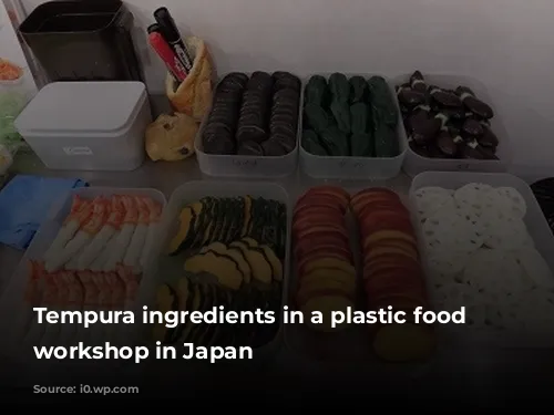 Tempura ingredients in a plastic food sample workshop in Japan