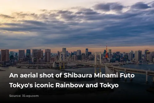 An aerial shot of Shibaura Minami Futo Park, Tokyo's iconic Rainbow and Tokyo Tower