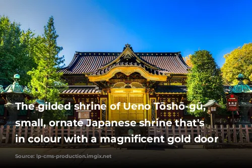 The gilded shrine of Ueno Tōshō-gū, a small, ornate Japanese shrine that's brown in colour with a magnificent gold door