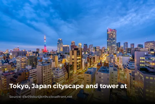 Tokyo, Japan cityscape and tower at dusk.