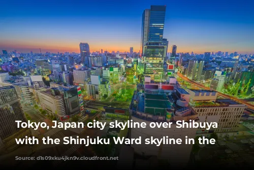 Tokyo, Japan city skyline over Shibuya Ward with the Shinjuku Ward skyline in the distance.