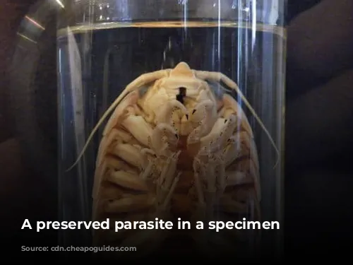 A preserved parasite in a specimen jar.