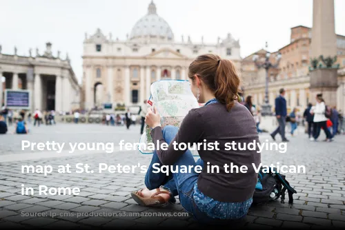 Pretty young female tourist studying a map at St. Peter's Square in the Vatican City in Rome