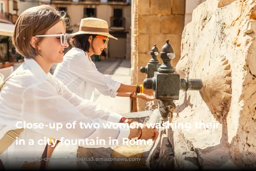 Close-up of two women washing their hands in a city fountain in Rome