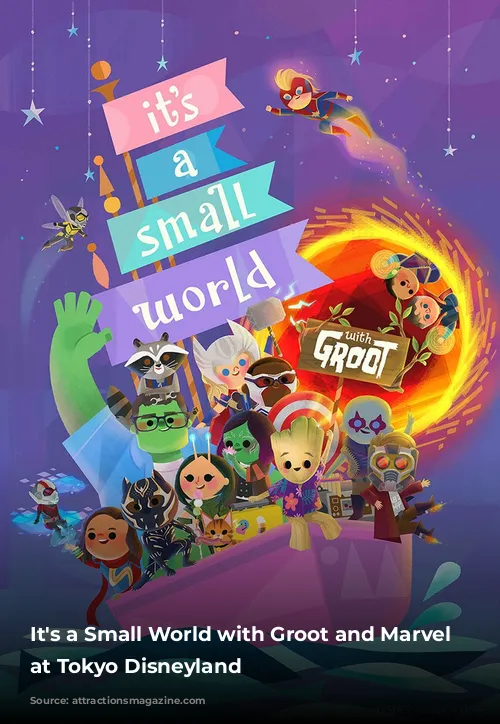 It's a Small World with Groot and Marvel characters at Tokyo Disneyland