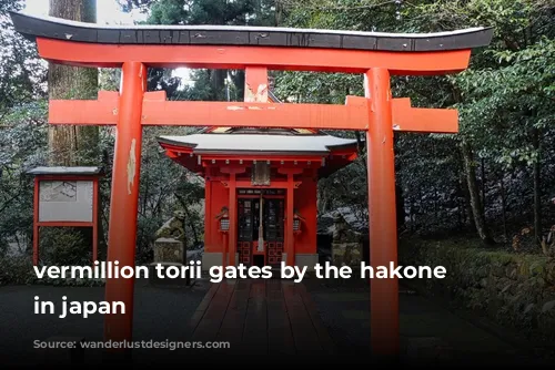 vermillion torii gates by the hakone shrine in japan