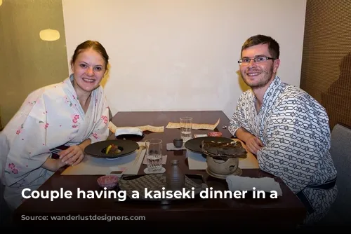 Couple having a kaiseki dinner in a ryokan