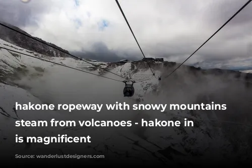 hakone ropeway with snowy mountains and steam from volcanoes - hakone in winter is magnificent