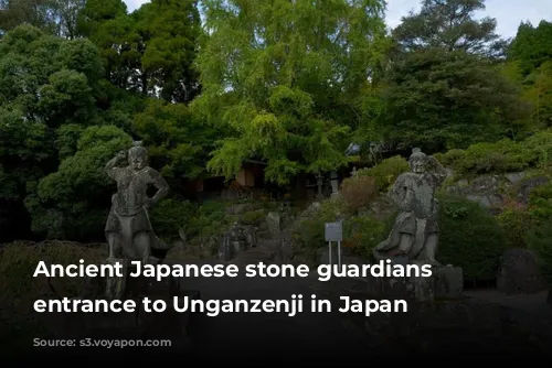 Ancient Japanese stone guardians at entrance to Unganzenji in Japan