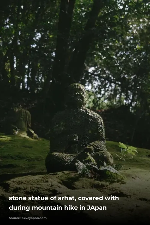 stone statue of arhat, covered with moss during mountain hike in JApan