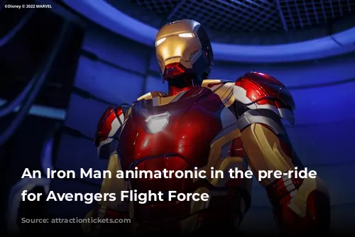 An Iron Man animatronic in the pre-ride show for Avengers Flight Force