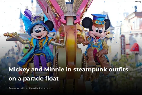 Mickey and Minnie in steampunk outfits sat on a parade float