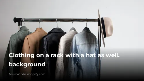 Clothing on a rack with a hat as well. White background