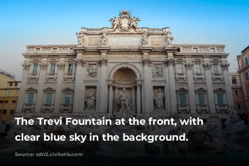 The Trevi Fountain at the front, with a clear blue sky in the background.