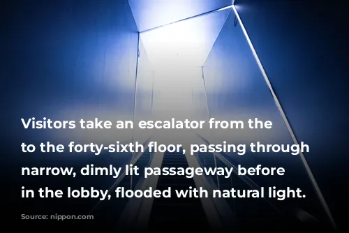 Visitors take an escalator from the forty-fifth to the forty-sixth floor, passing through a narrow, dimly lit passageway before arriving in the lobby, flooded with natural light.