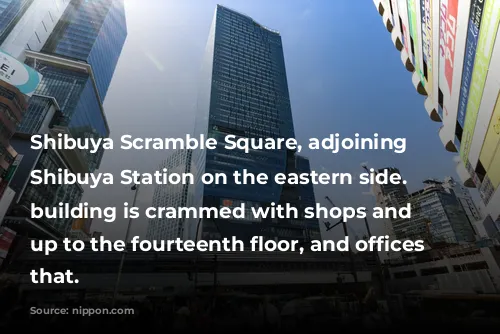 Shibuya Scramble Square, adjoining JR Shibuya Station on the eastern side. The building is crammed with shops and restaurants up to the fourteenth floor, and offices above that.