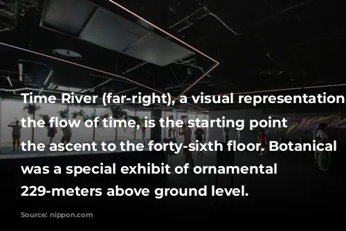 Time River (far-right), a visual representation of the flow of time, is the starting point for the ascent to the forty-sixth floor. Botanical View was a special exhibit of ornamental plants 229-meters above ground level.