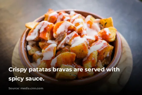 Crispy patatas bravas are served with a spicy sauce.