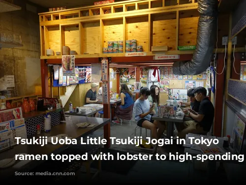 Tsukiji Uoba Little Tsukiji Jogai in Tokyo markets ramen topped with lobster to high-spending tourists.