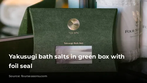 Yakusugi bath salts in green box with silver foil seal