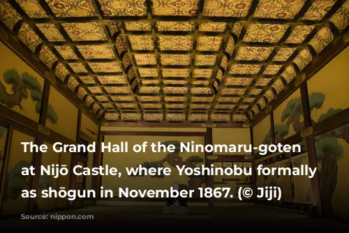 The Grand Hall of the Ninomaru-goten Palace at Nijō Castle, where Yoshinobu formally resigned as shōgun in November 1867. (© Jiji)