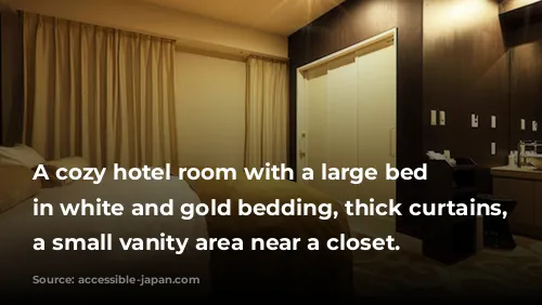 A cozy hotel room with a large bed covered in white and gold bedding, thick curtains, and a small vanity area near a closet.