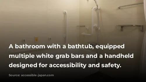 A bathroom with a bathtub, equipped with multiple white grab bars and a handheld shower, designed for accessibility and safety.