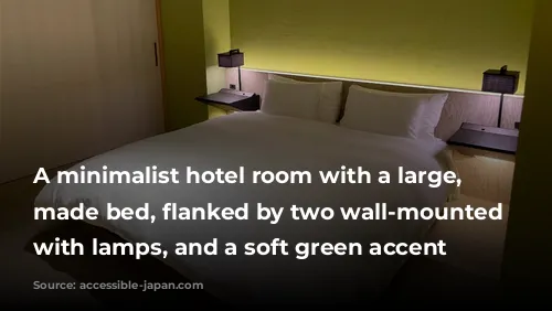 A minimalist hotel room with a large, neatly made bed, flanked by two wall-mounted nightstands with lamps, and a soft green accent wall.