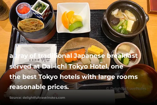 a tray of traditional Japanese breakfast foods served at Dai-ichi Tokyo Hotel, one of the best Tokyo hotels with large rooms and reasonable prices.