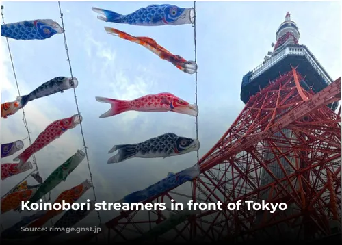 Koinobori streamers in front of Tokyo Tower