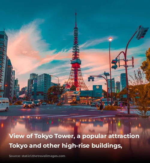 View of Tokyo Tower, a popular attraction in Tokyo and other high-rise buildings, Japan