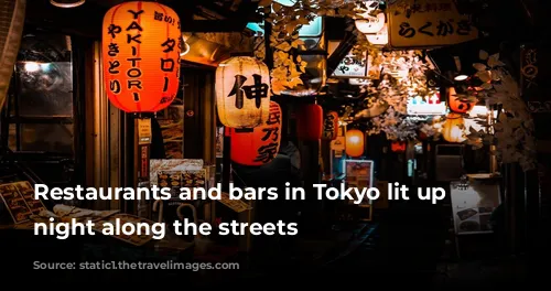 Restaurants and bars in Tokyo lit up at night along the streets