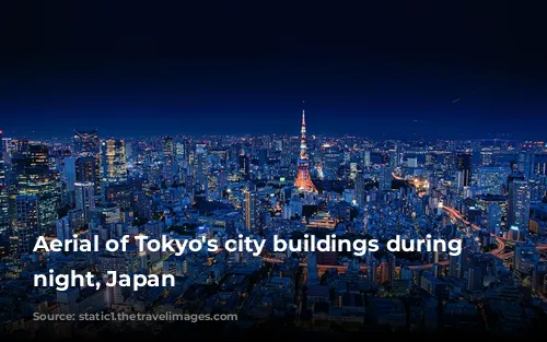 Aerial of Tokyo's city buildings during the night, Japan