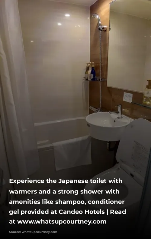 Experience the Japanese toilet with seat warmers and a strong shower with bathroom amenities like shampoo, conditioner and gel provided at Candeo Hotels | Read more at www.whatsupcourtney.com