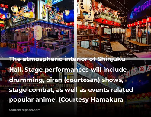 The atmospheric interior of Shinjuku Kabuki Hall. Stage performances will include taiko drumming, oiran (courtesan) shows, and stage combat, as well as events related to popular anime. (Courtesy Hamakura Style)