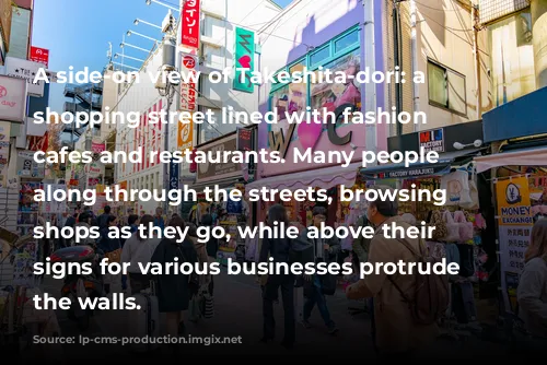 A side-on view of Takeshita-dori: a pedestrian shopping street lined with fashion boutiques, cafes and restaurants. Many people walk along through the streets, browsing the shops as they go, while above their heads, signs for various businesses protrude from the walls.