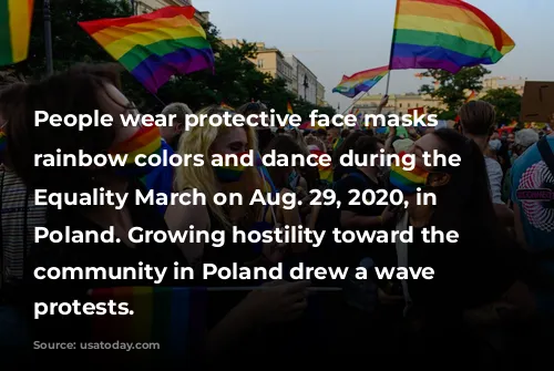 People wear protective face masks with rainbow colors and dance during the 2020 Equality March on Aug. 29, 2020, in Krakow, Poland. Growing hostility toward the LGBTQ community in Poland drew a wave of protests.