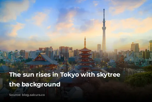 The sun rises in Tokyo with skytree in the background