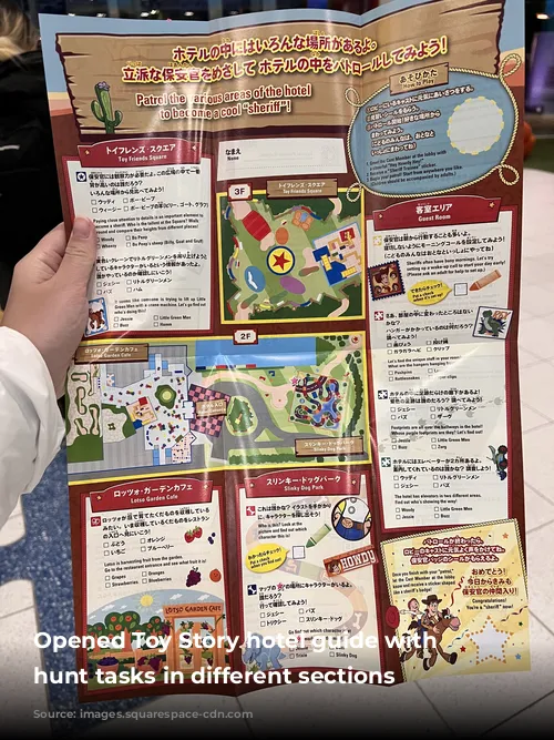  Opened Toy Story hotel guide with scavenger hunt tasks in different sections 