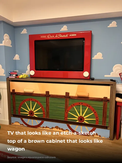  TV that looks like an etch-a-sketch on top of a brown cabinet that looks like a wagon 