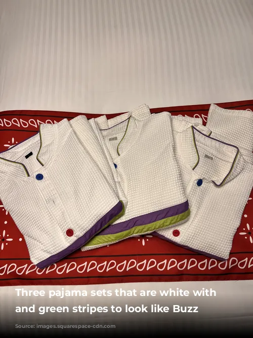  Three pajama sets that are white with purple and green stripes to look like Buzz Lightyear 