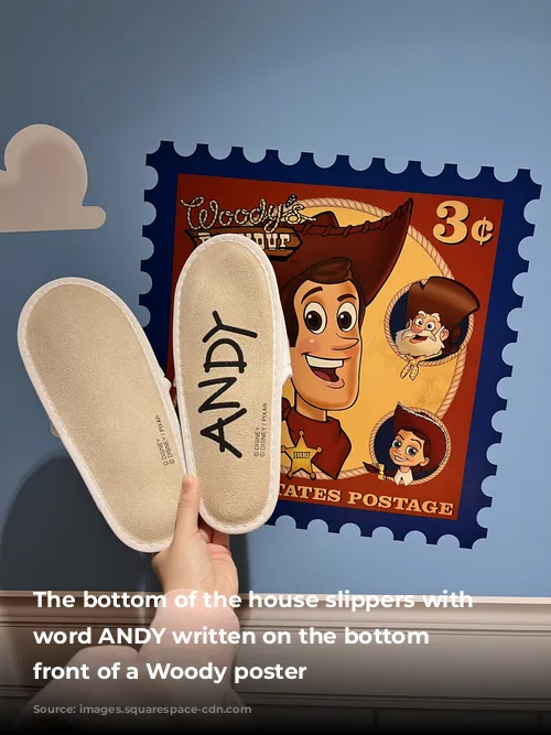  The bottom of the house slippers with the word ANDY written on the bottom in front of a Woody poster 