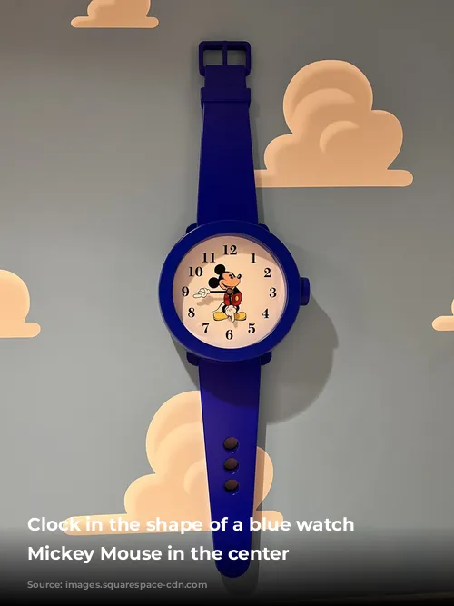  Clock in the shape of a blue watch with Mickey Mouse in the center 